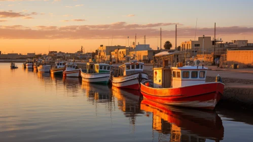 Tranquil Harbor Scene with Colorful Fishing Boats at Sunset