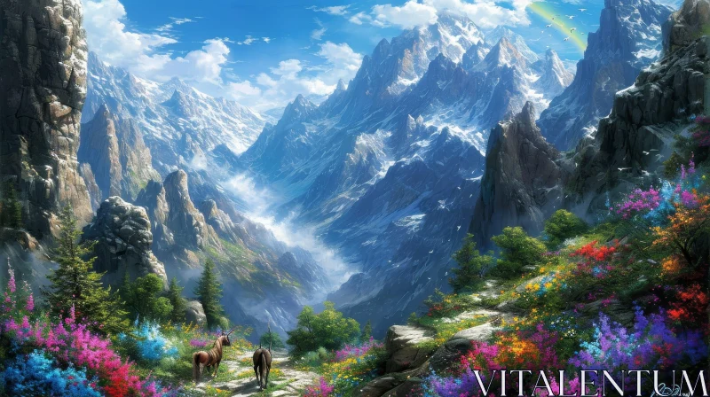Tranquil Mountain Valley Landscape with Horses and Rainbow AI Image