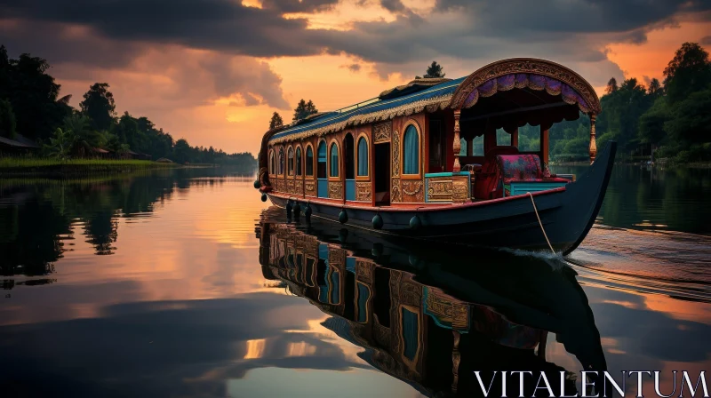 Tranquil River Boat and House Scene at Sunset AI Image