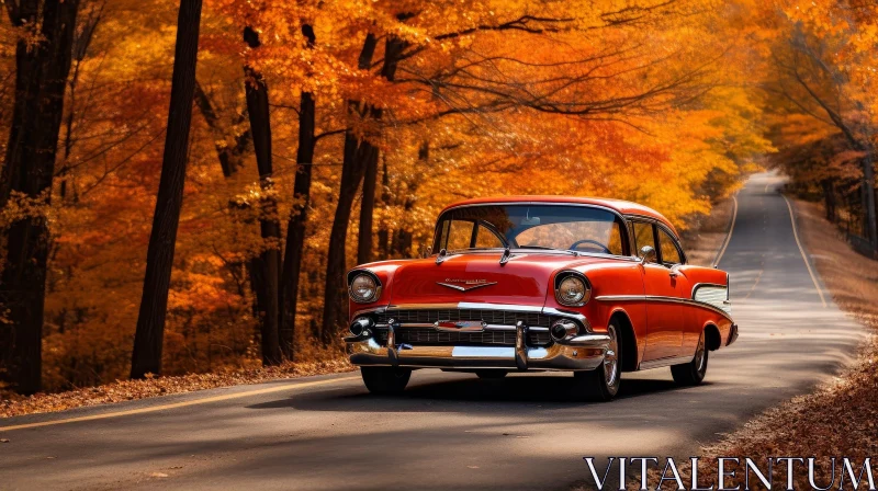 AI ART Vintage Red Chevrolet Bel Air Car Driving on Autumn Road