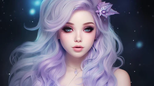 Young Woman Portrait with Purple Hair in Night Sky