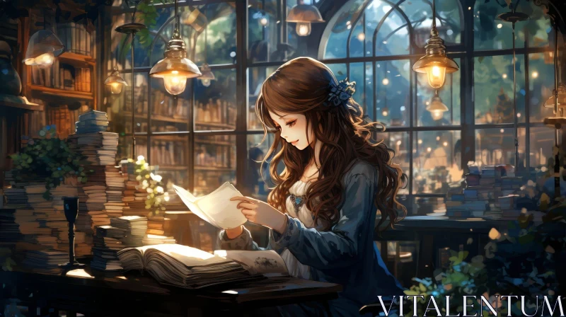 AI ART Young Woman Reading in Library Painting