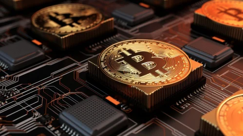 Bitcoin Circuit Board 3D Rendering | Gold Symbols on Black Background