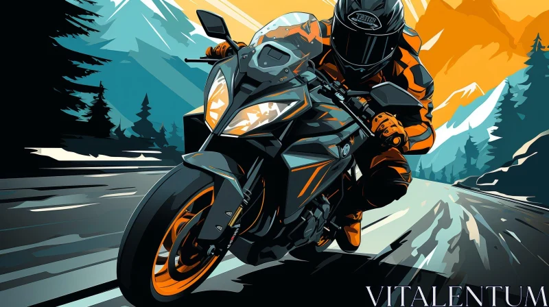 Cartoon Style Motorcycle Rider in Mountain Landscape AI Image