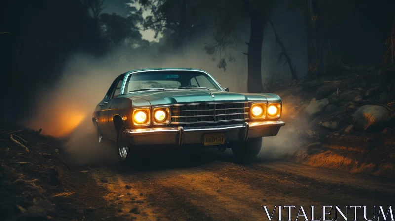 Classic Car Night Scene on Dirt Road AI Image