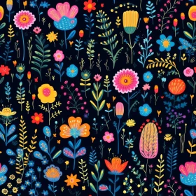 Colorful Floral Pattern on Dark Blue Background