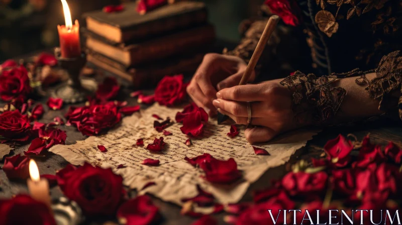 Enchanting Photo of a Woman Writing a Letter on Weathered Paper AI Image