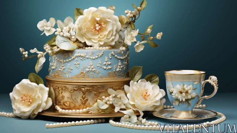 Exquisite Floral Cake on Gold Stand AI Image
