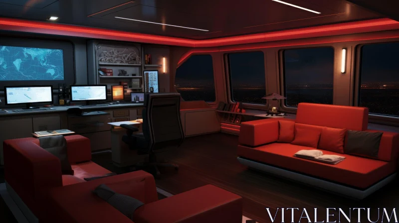 Futuristic Spaceship Interior with Night Cityscape View AI Image