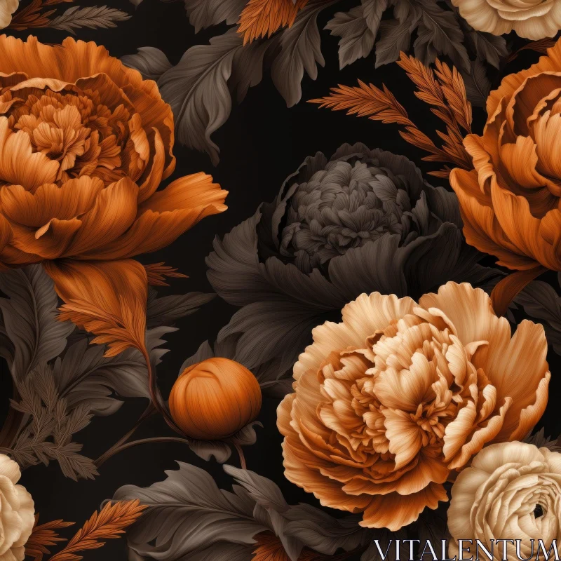 Intricate Floral Pattern with Orange and Cream Peonies AI Image