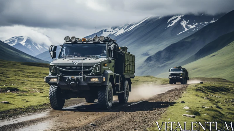 Military Vehicles on Mountainous Dirt Road AI Image