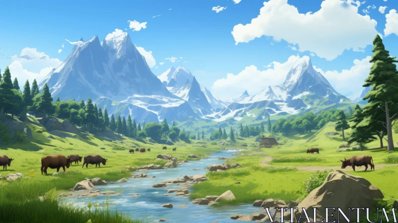 Mountain Valley Landscape - Serene Nature Scene AI Image