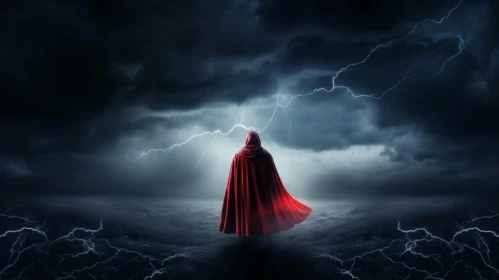 Mysterious Figure in Red Cloak on Stormy Night