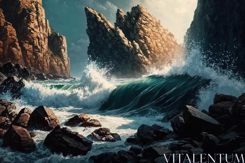 AI ART Powerful Painting of Rocky Cliff and Stormy Waves | Digital Fantasy Landscape