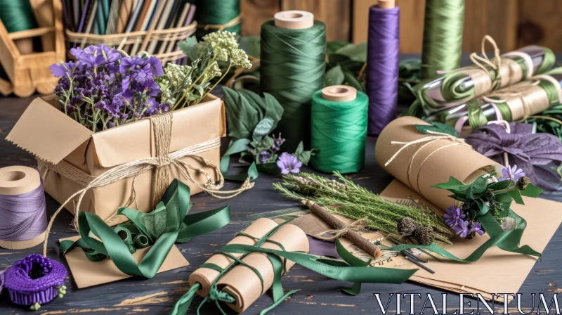 Rustic Table with Twine, Flowers, and Greenery AI Image