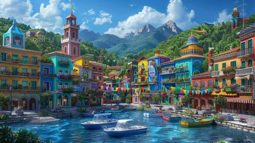 Scenic Coastal Town with Colorful Harbor and Mountain Backdrop