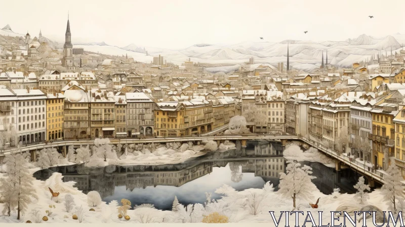 Serene Winter Cityscape in Snowy Mountains AI Image