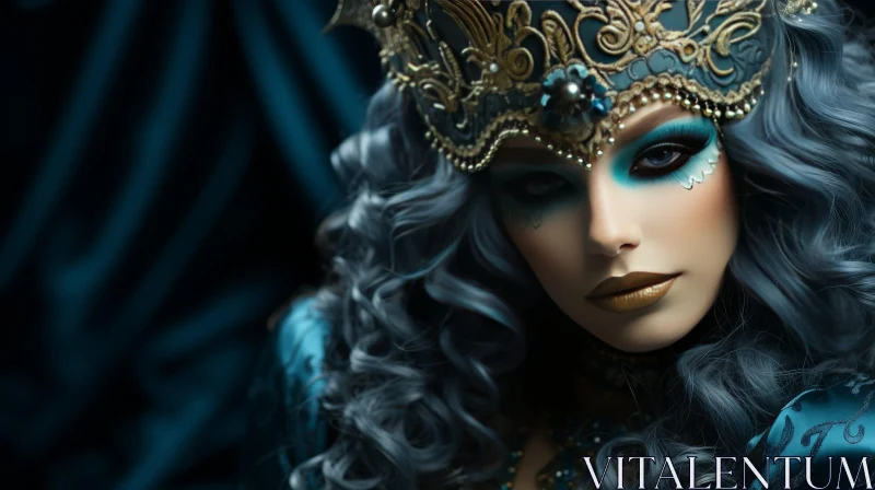 Serious Young Woman with Blue Hair and Gold Headdress AI Image