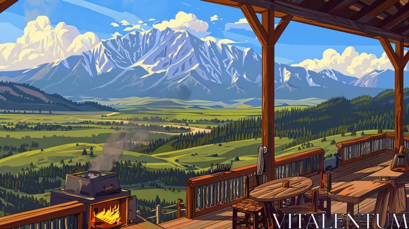 Snowy Mountain Valley View - Cartoon Style AI Image