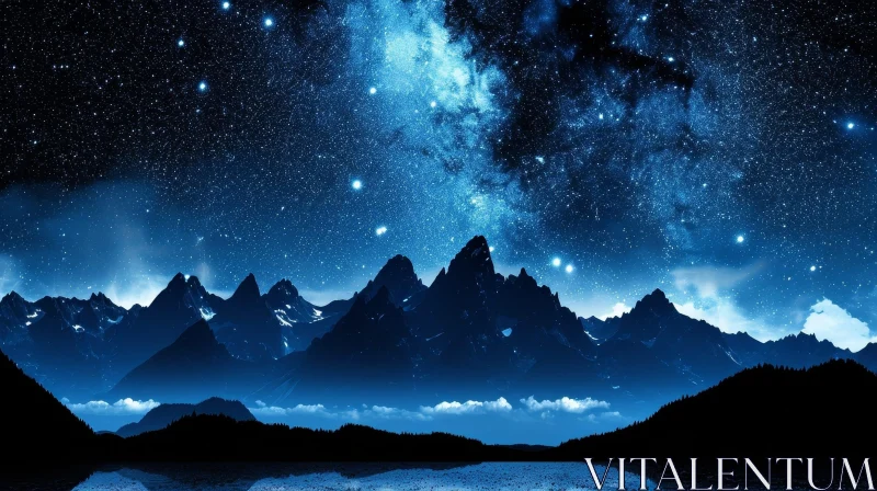 Starry Night Mountain Range Landscape AI Image