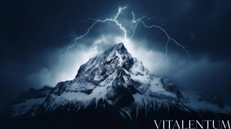 AI ART Thunderous Night: Lightning Strikes Snow-Capped Mountain