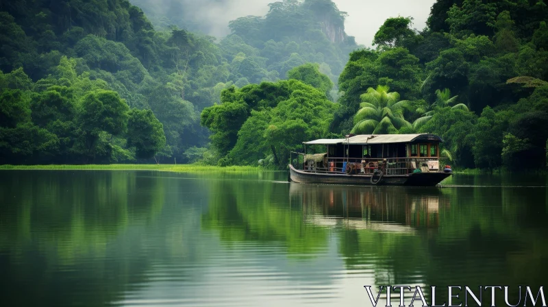 AI ART Tranquil River Landscape with Wooden Boat in Lush Green Forest