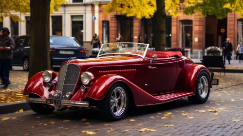 Vintage Red Retro Car on Cobblestone Street