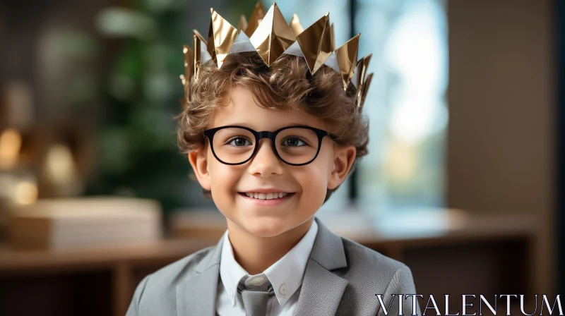 Young Boy with Crown and Glasses AI Image