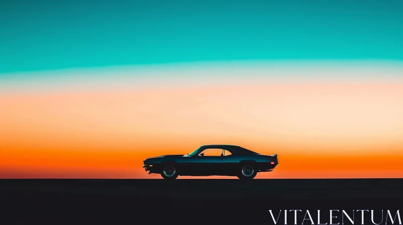 AI ART Black Muscle Car Driving into Sunset - Retro Digital Painting