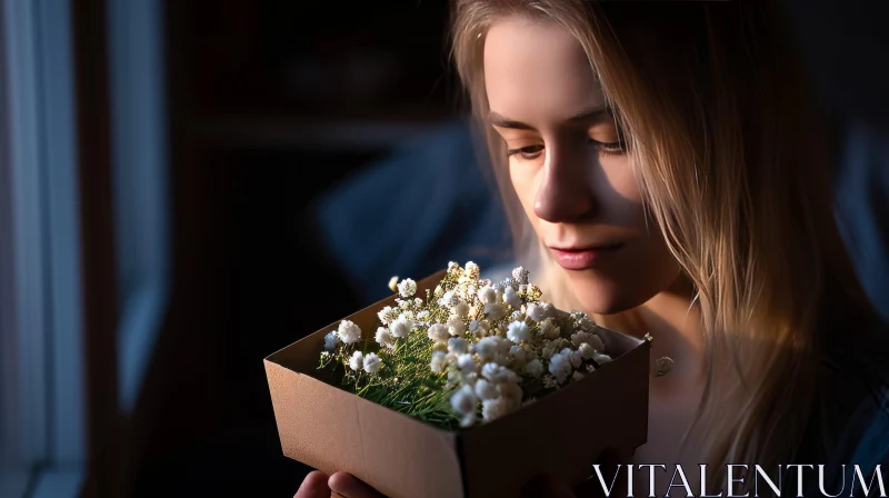 Captivating Image of a Woman Holding a Box of White Flowers AI Image