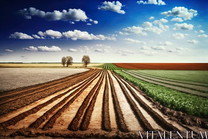 Captivating Nature: Plowed Fields and Clouds in Bold Colorful Style AI Image