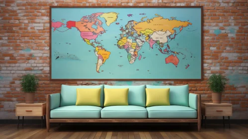 Chic Living Room with Blue Sofa and World Map Brick Wall