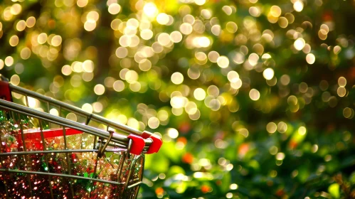 Close-Up Shopping Cart with Blurred Forest Background