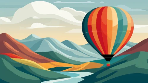 Colorful Hot Air Balloon over Mountain Landscape - Vector Illustration