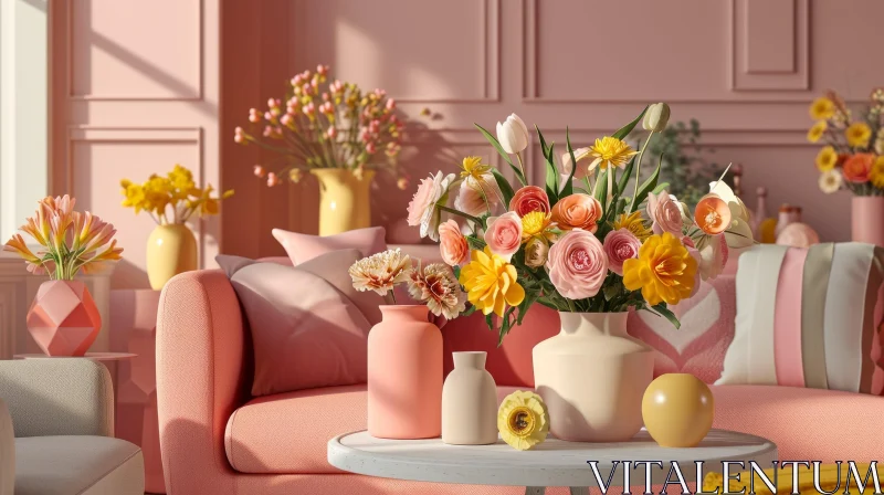Cozy Living Room with Pink Sofa and Floral Accents AI Image