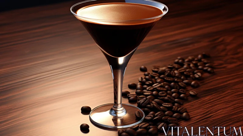 Dark Brown Liquid in Martini Glass on Wooden Table AI Image
