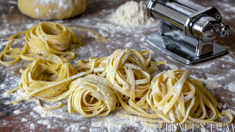 Delicious Homemade Pasta on Wooden Table | Pasta Maker in Background AI Image