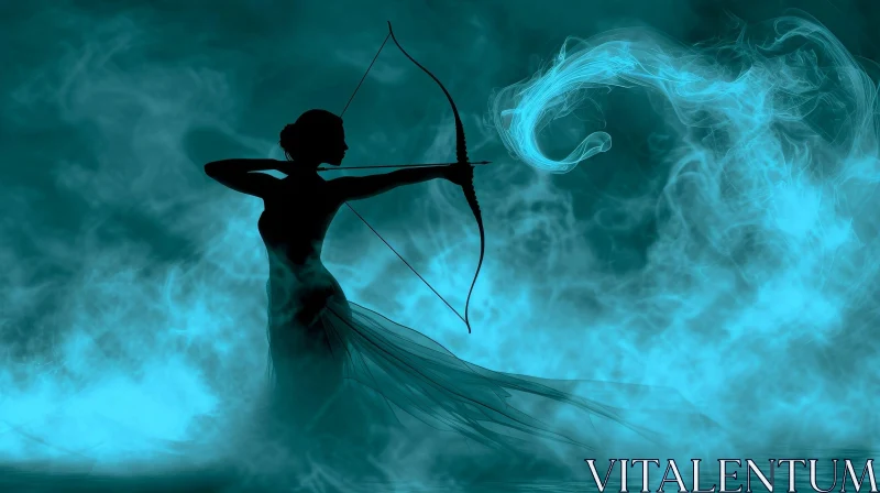 Ethereal Woman Silhouette with Bow and Arrow in Blue Mist AI Image