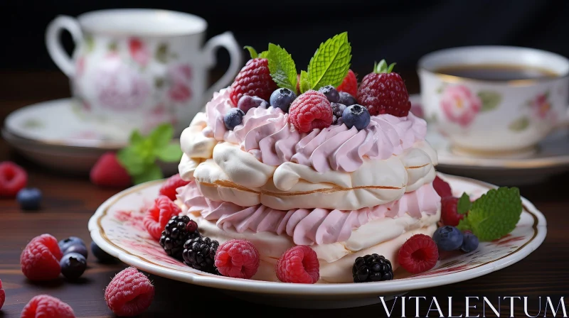 Exquisite Pavlova Cake with Fresh Berries and Mint AI Image