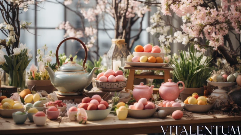 Festive Easter Table Setting with Blooming Cherry Blossoms AI Image
