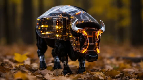 Futuristic Robotic Bull in Forest - A Blend of Technology and Nature
