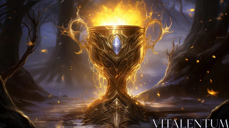AI ART Golden Cup with Blue Crystal in Flames and Dark Forest