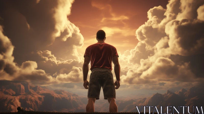 Man on Mountaintop Sunset Landscape AI Image