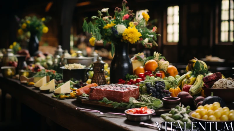 Medieval-Inspired Buffet Table with Rustic Cabincore Aesthetics AI Image
