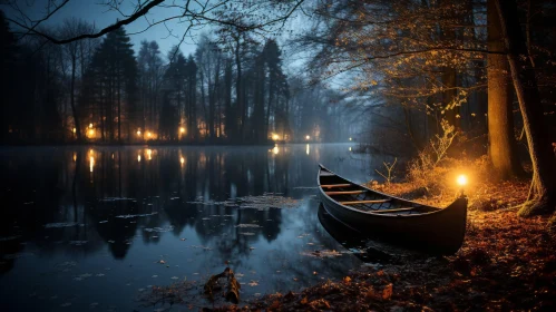 Night Lake Canoe Serene Scene