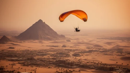 Paraglider Flying Over Desert Landscape