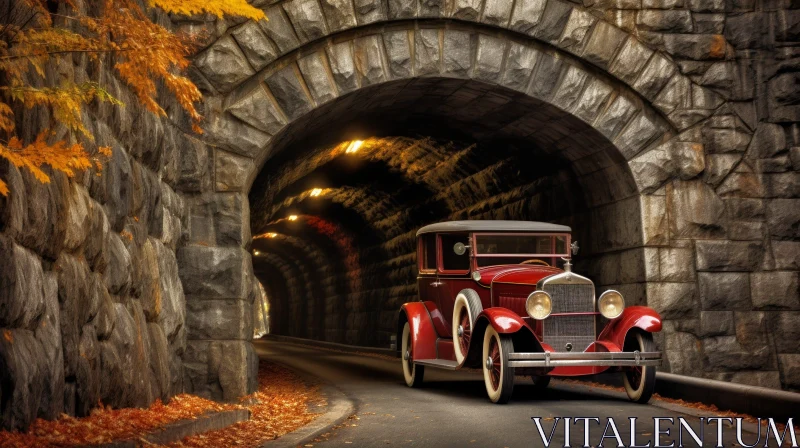 Red Retro Car Packard Eight Driving Through Stone Tunnel AI Image
