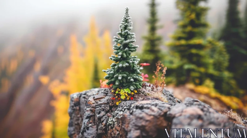 Snowy Evergreen Tree Landscape on Rocky Cliff AI Image