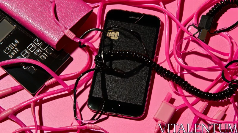 Stunning Flat Lay Composition: Black and Pink Smartphones with Tangled Cords AI Image