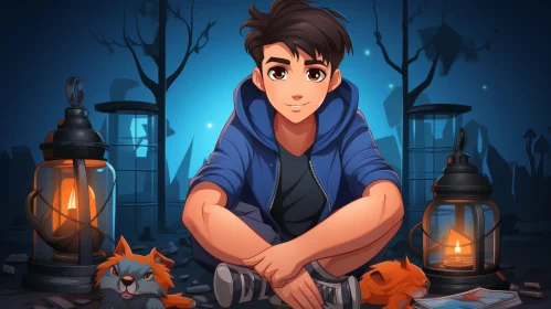 Teenage Boy in Dark Forest with Foxes and Candles